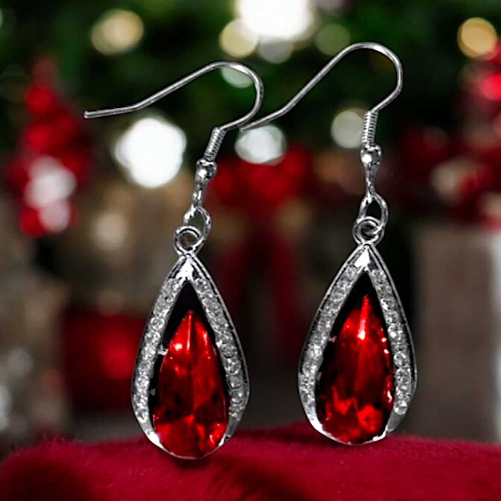 Elegant Silver and Red Teardrop Earrings